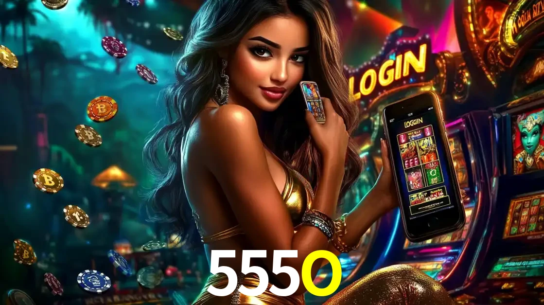 Mulher em um cenário de cassino temático de aventura, mostrando o app de caça-níqueis da 555O no celular. Fichas de apostas flutuam ao redor.